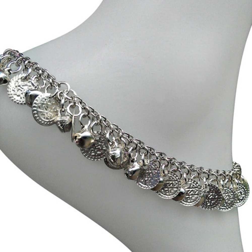 Summer anklet with coin and bell charms - handmade